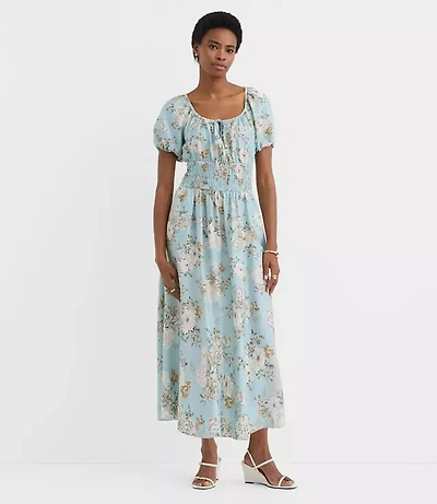 Floral Ruffle Tie Neck Smocked Midi Dress