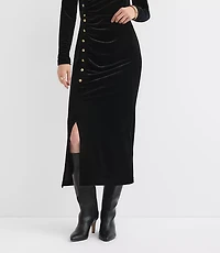 Tall Velvet Ruched Button Midi Skirt