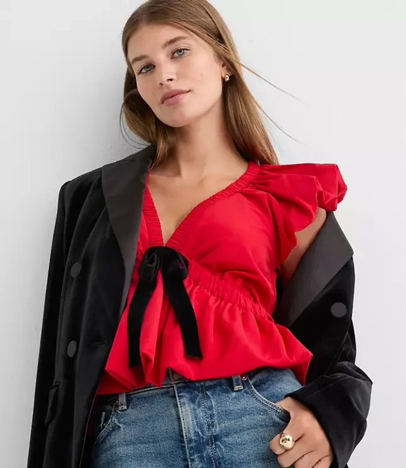Petite Velvet Bow Flutter Peplum Top