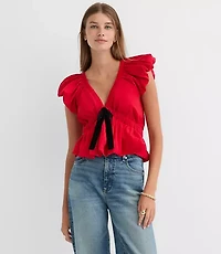 Petite Velvet Bow Flutter Peplum Top