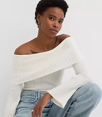 Petite Ribbed Flare Sleeve Off The Shoulder Sweater