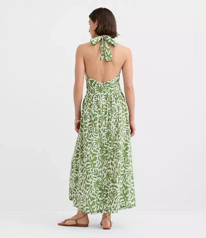 LOFT Beach Palm Linen Cotton Halter Maxi Dress