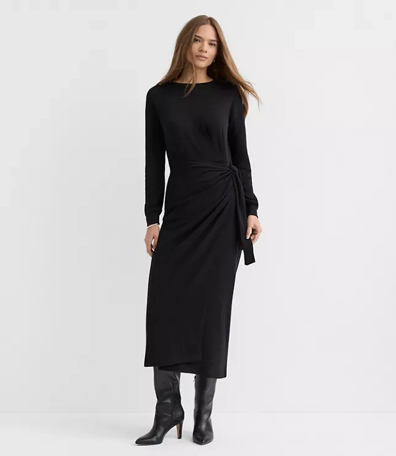 Petite Terry Side Pleated Midi Wrap Dress