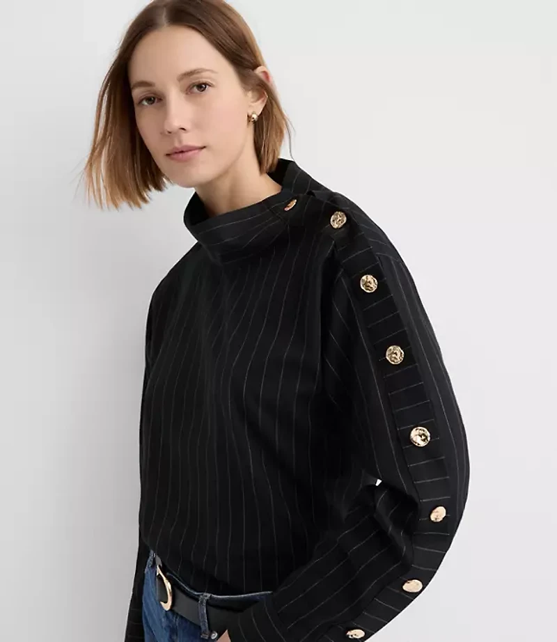 Petite Striped Button Sleeve Mock Neck Shirt