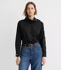 Petite Striped Button Sleeve Mock Neck Shirt