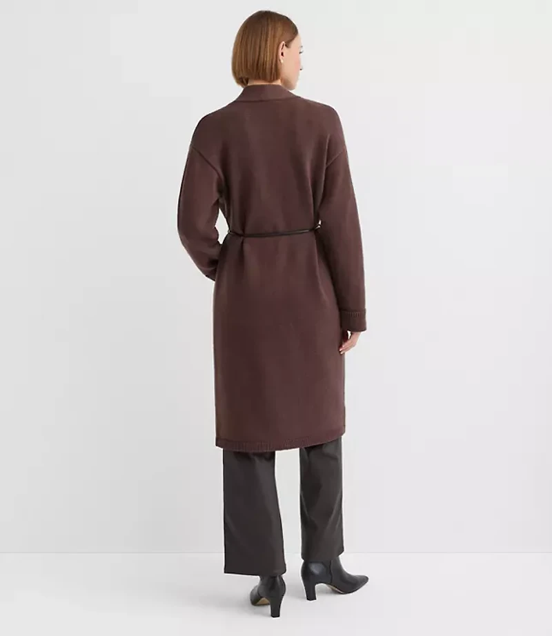 Petite Faux Leather Belted Pocket Coatigan