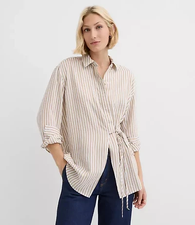 Petite Striped Asymmetrical Side Tie Tunic Shirt
