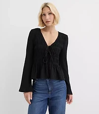 Tie Smocked Flare Sleeve Top