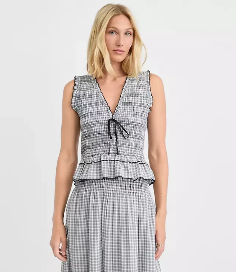Plaid Smocked Ruffle Peplum Top