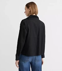 Striped Button Sleeve Mock Neck Shirt