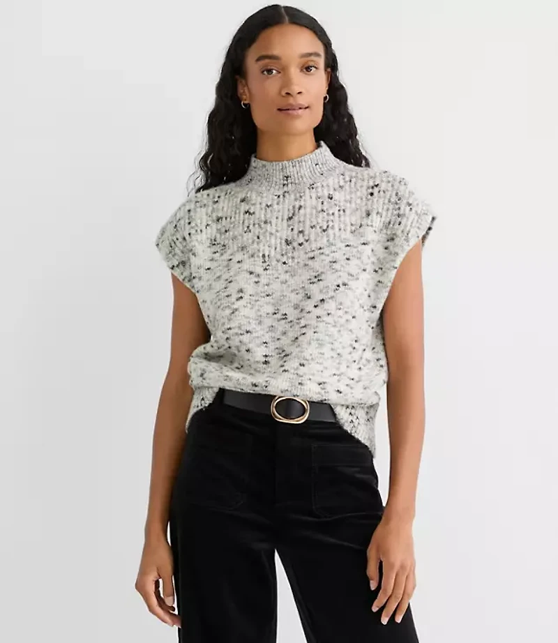 Melange Ribtrim Sleeveless Mock Neck Sweater