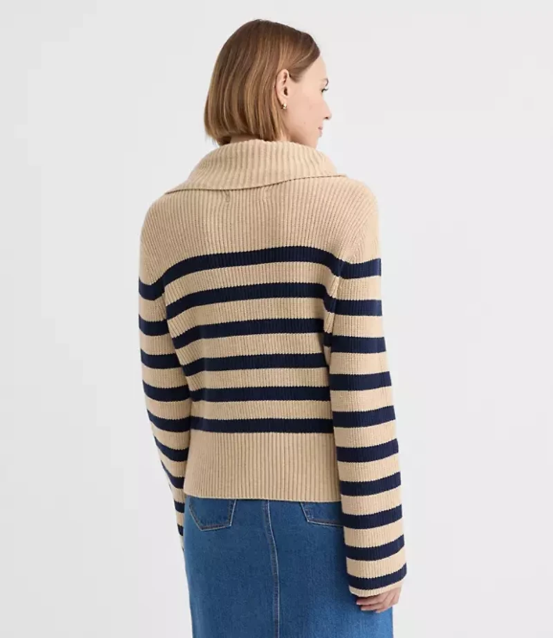 Petite Stripe Button Neck Flare Sleeve Sweater