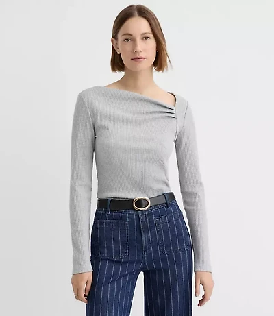 Petite Heathered Asymmetrical Neck Ribbed Top