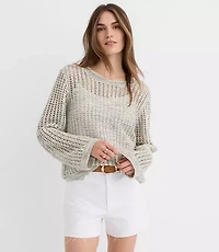 Marled Open Stitch Flare Sleeve Sweater