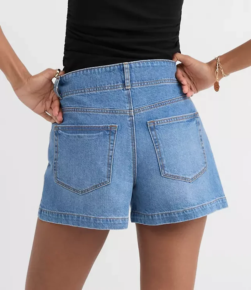 Rivete Curvy Seamed High Rise Denim Shorts Dark Wash