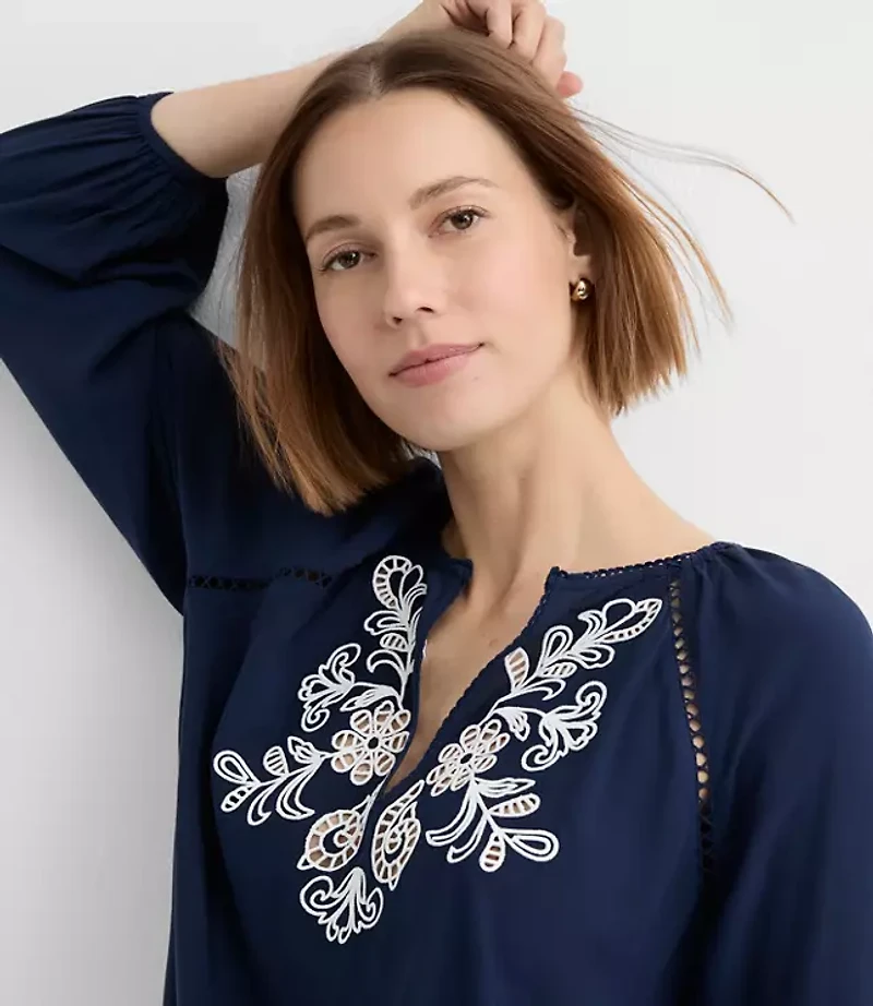 Petite Floral Cutout Embroidered V-Neck Blouse