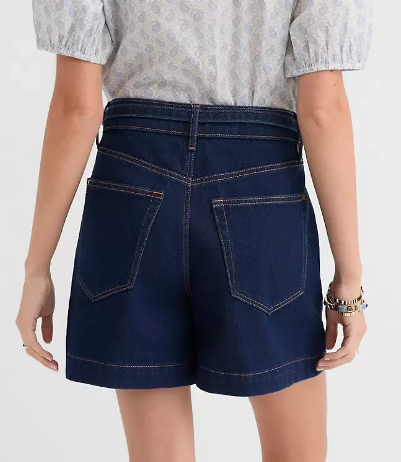Petite Belted Denim Utility Shorts Classic Rinse Wash
