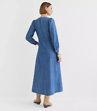 Chambray Balloon Sleeve Midi Pocket Dress