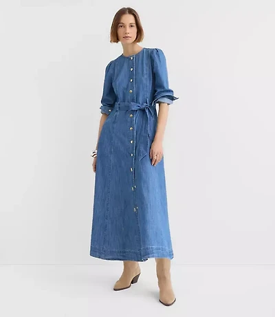 Chambray Balloon Sleeve Midi Pocket Dress
