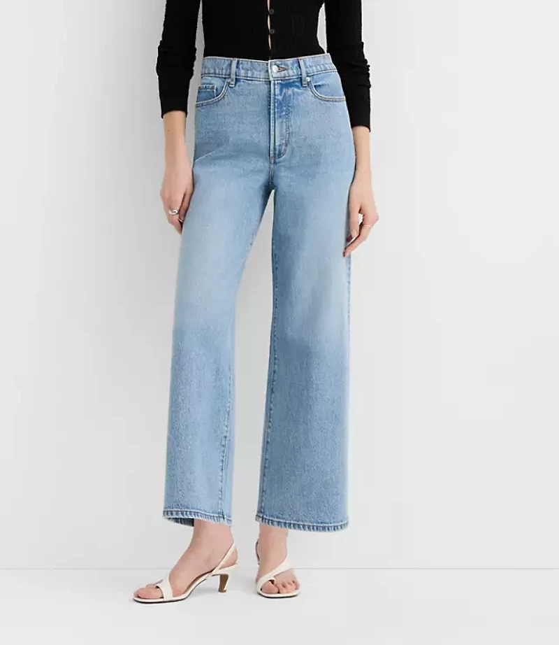 Rivete Petite High Rise Wide Leg Crop Jeans Mid Wash