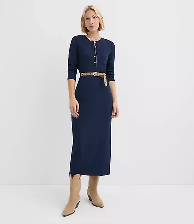 Petite Scalloped Ribbed Henley Midi Dress