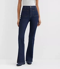 Rivete Petite Patch Pocket High Rise Slim Flare Jeans Classic Rinse Wash