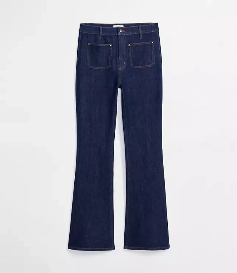 Rivete Petite Patch Pocket High Rise Slim Flare Jeans Classic Rinse Wash