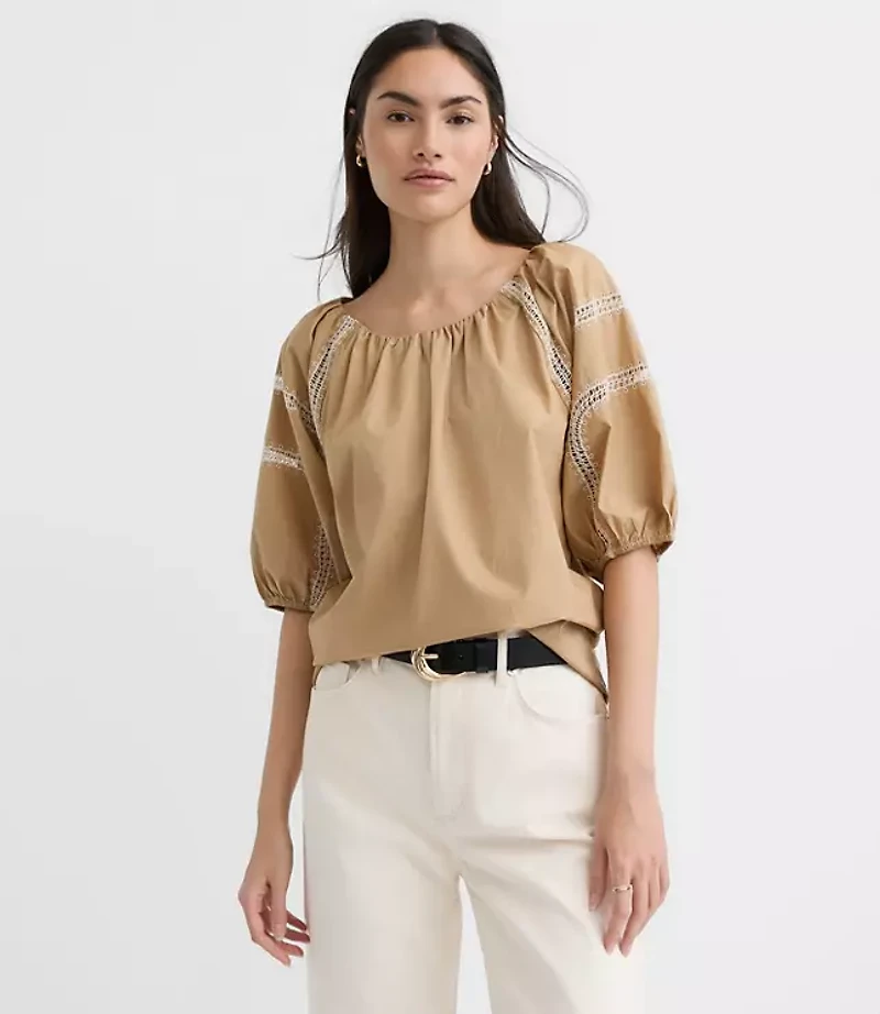 Embroidered Poplin Puff Sleeve Blouse