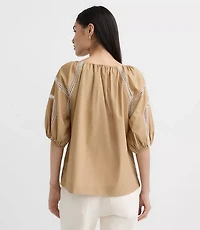 Embroidered Poplin Puff Sleeve Blouse