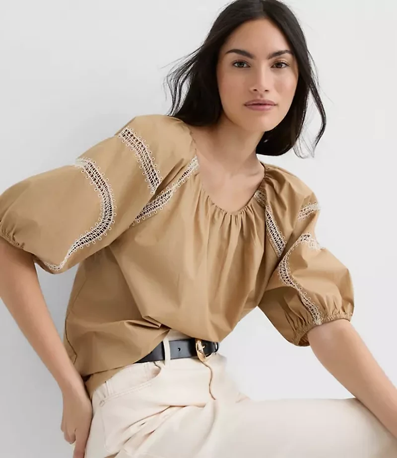 Embroidered Poplin Puff Sleeve Blouse