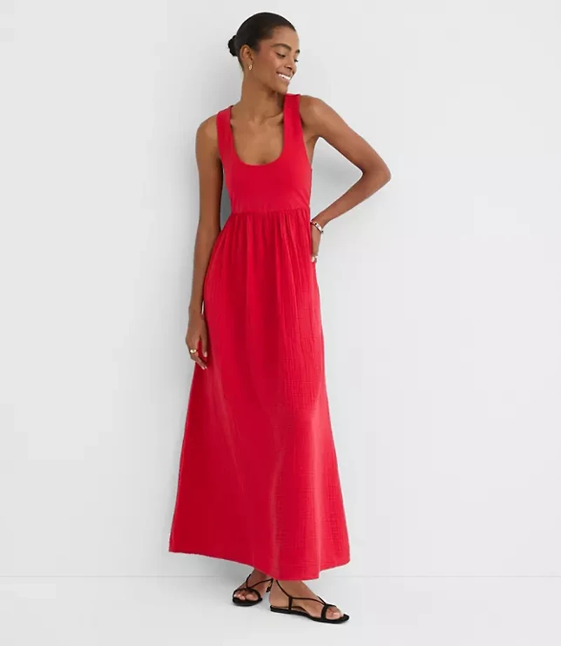 Petite LOFT Beach Triple Cloth Mixed Media Maxi Pocket Dress