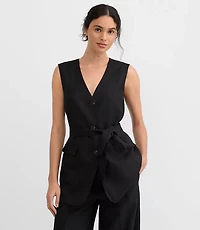 Petite Linen Blend Belted Pocket Vest