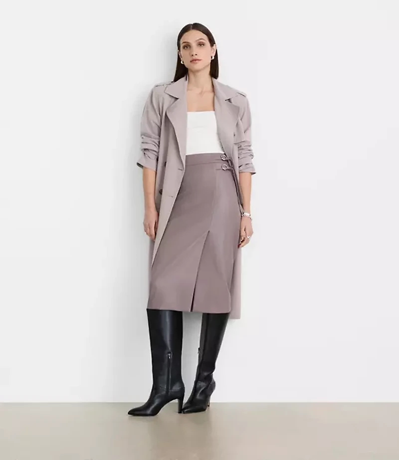 Petite LOFT Versa Faux Leather Buckle Trim Midi Skirt