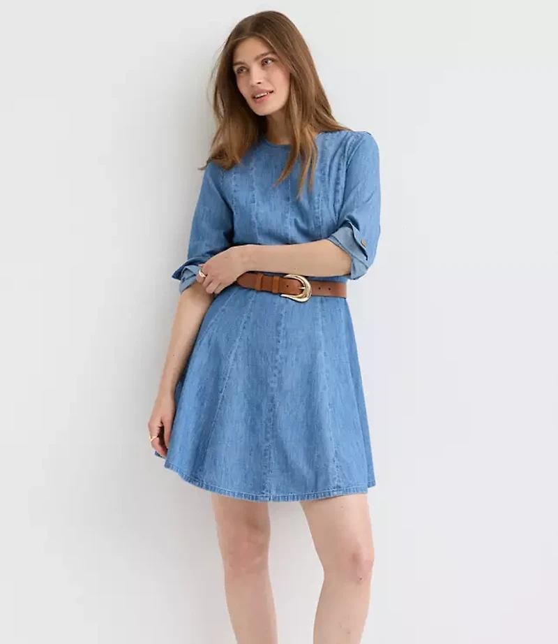 Chambray Seamed Barrel Sleeve Mini Dress