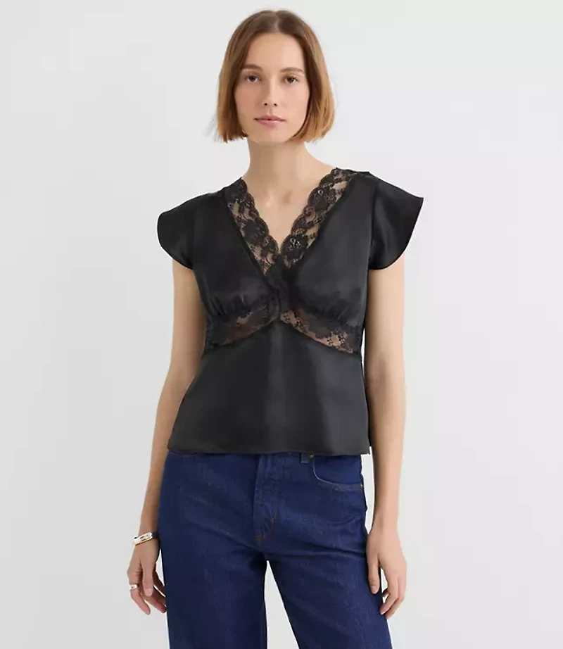 Petite Floral Lace Satin V-Neck Top