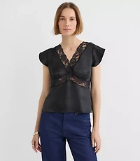 Petite Floral Lace Satin V-Neck Top