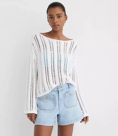 LOFT Beach Striped Open Stitch Boatneck Sweater