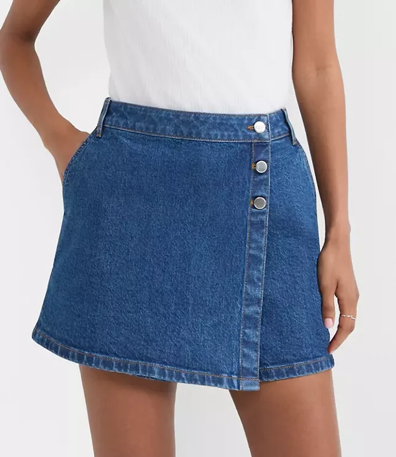 Petite Denim Wrap Skort Medium Stone Wash