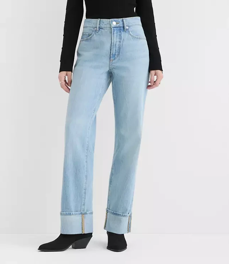 Rivete Petite Cuffed Mid Rise Relaxed Straight Jeans Light Wash