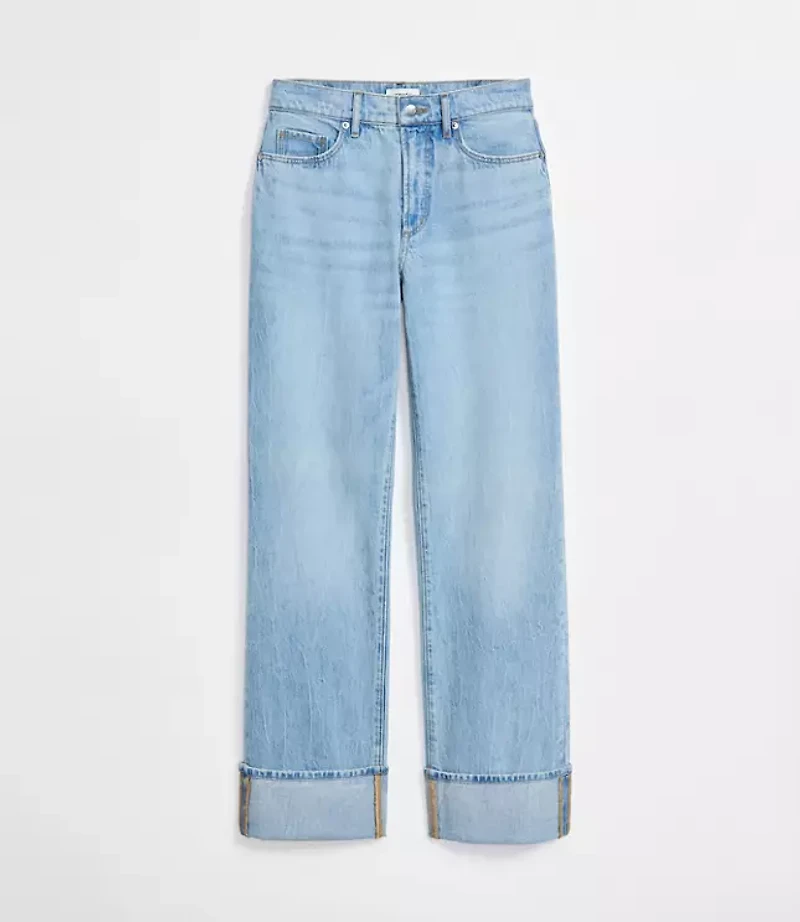Rivete Petite Cuffed Mid Rise Relaxed Straight Jeans Light Wash