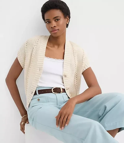Petite Pointelle Textured Short Sleeve Cardigan