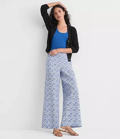 Pull On Wide Leg Pants Mosaic Linen Cotton