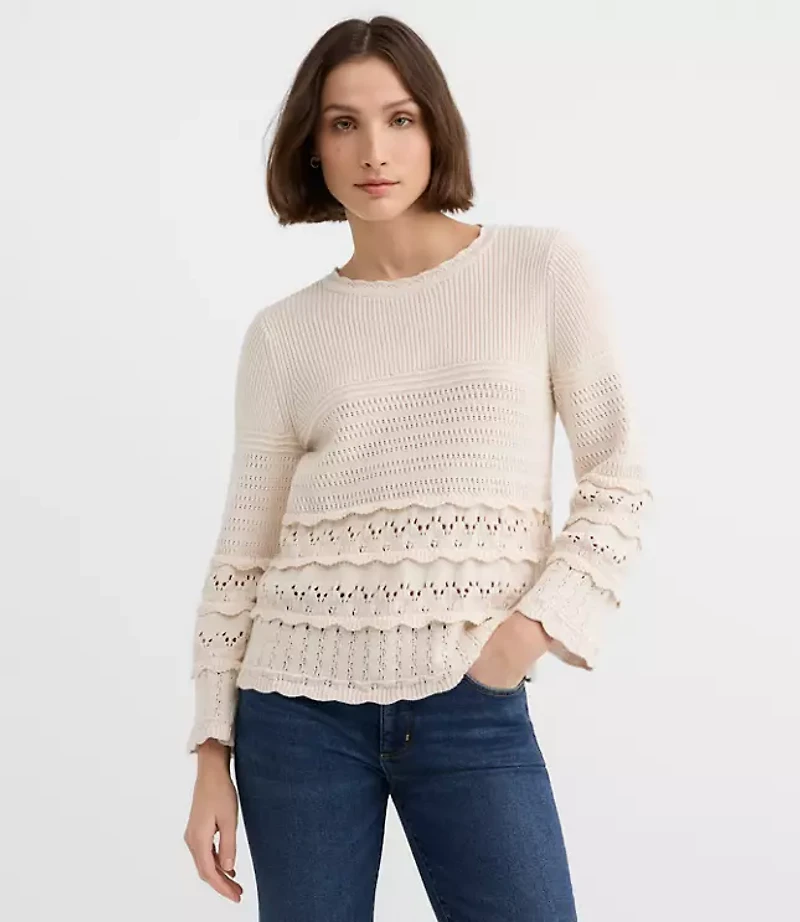 Petite Scalloped Pointelle Flare Sleeve Sweater