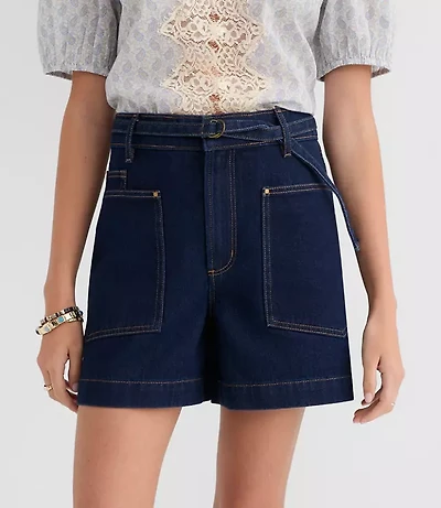 Tall Curvy Belted Denim Utility Shorts Classic Rinse Wash