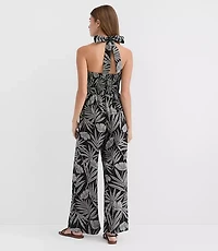 Petite LOFT Beach Palm Ring Halter Linen Cotton Jumpsuit