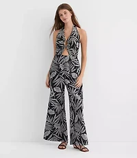 Petite LOFT Beach Palm Ring Halter Linen Cotton Jumpsuit