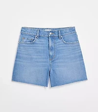 Rivete Petite High Rise Cut Off Denim Shorts Mid Wash
