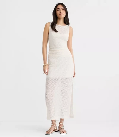Lace Ruched Boatneck Midi Dress