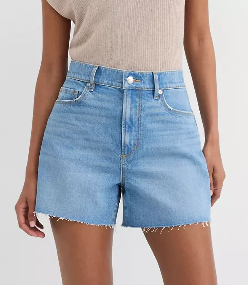 Rivete Petite Curvy High Rise Cut Off Denim Shorts Mid Wash
