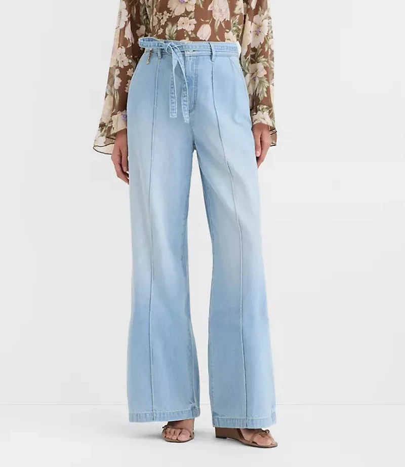 Tall Tie Waist High Rise Palazzo Jeans Light Wash